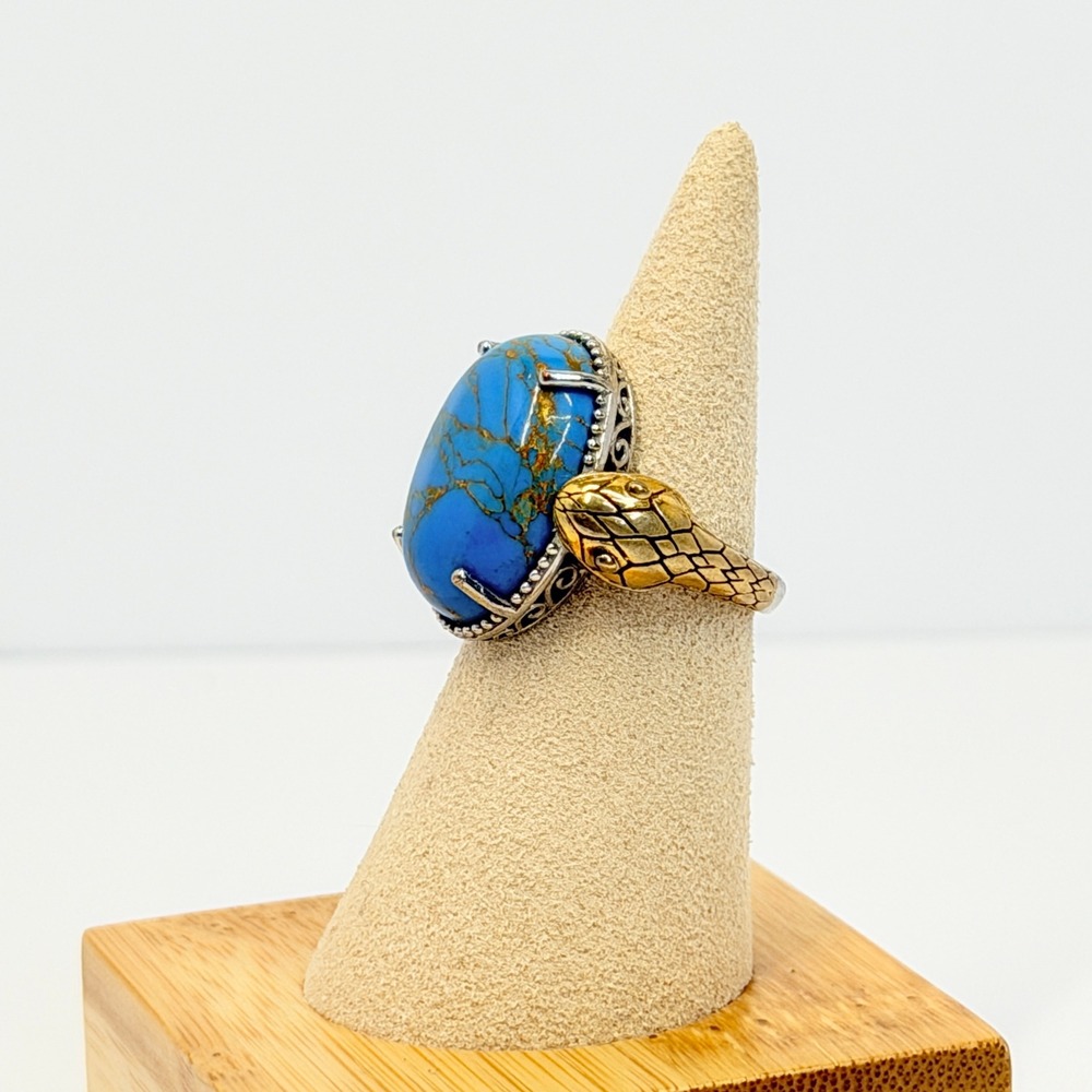 Statement Karis Blue Turquoise Gold Snake Ring Two Tone Serpent Oval Stone Sz 6